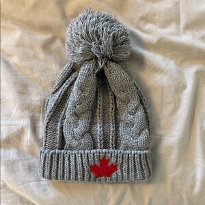 Gray Knit Pom-Pom Beanie with Red Maple Leaf